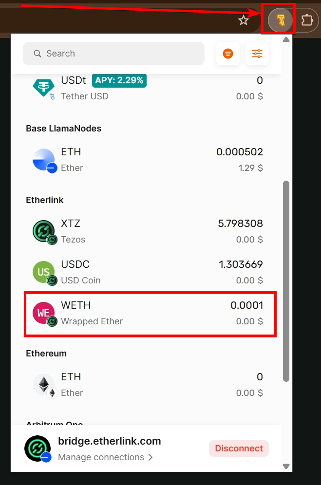 The WETH tokens on the Etherlink in the Temple Wallet