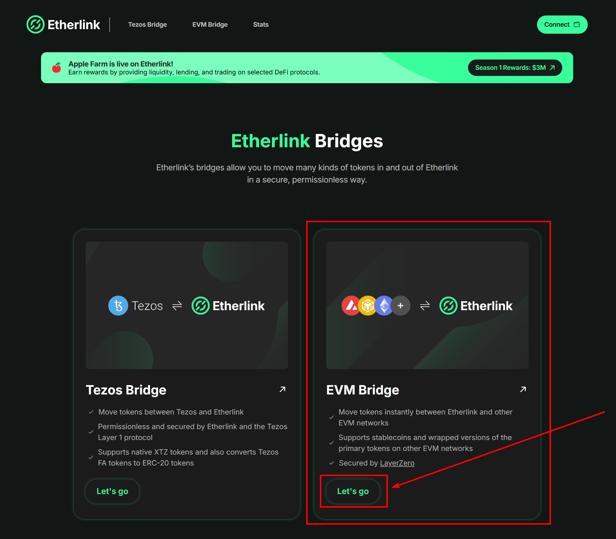 The Etherlink Bridges page