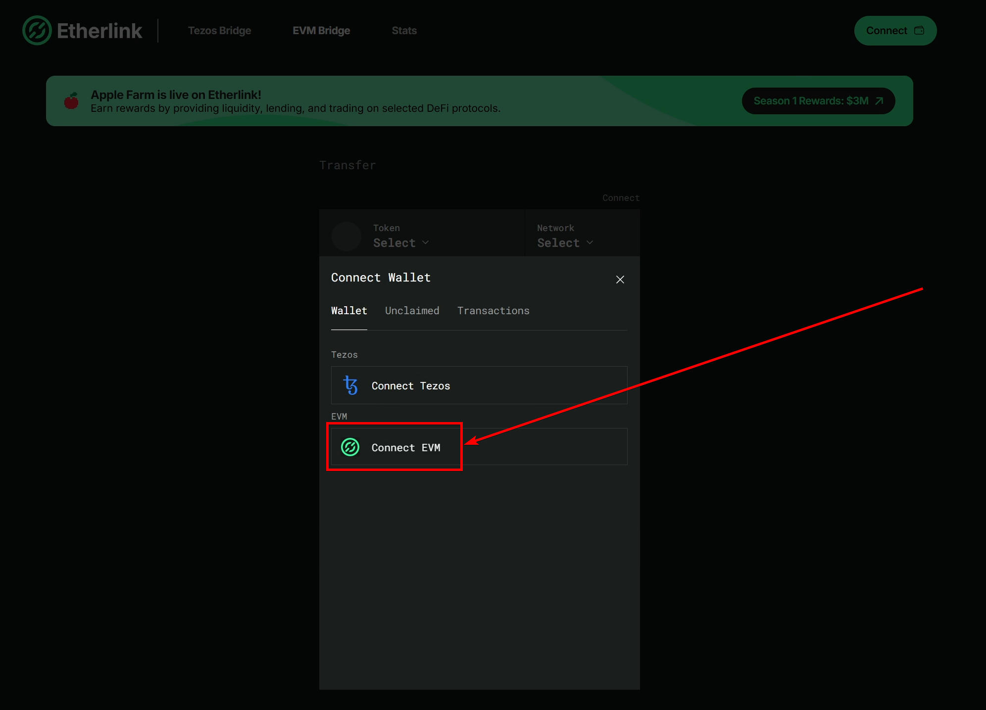 The Connect EVM option