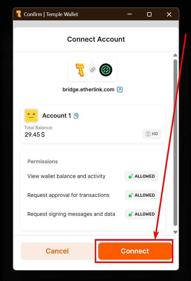 The Temple Wallet connect window