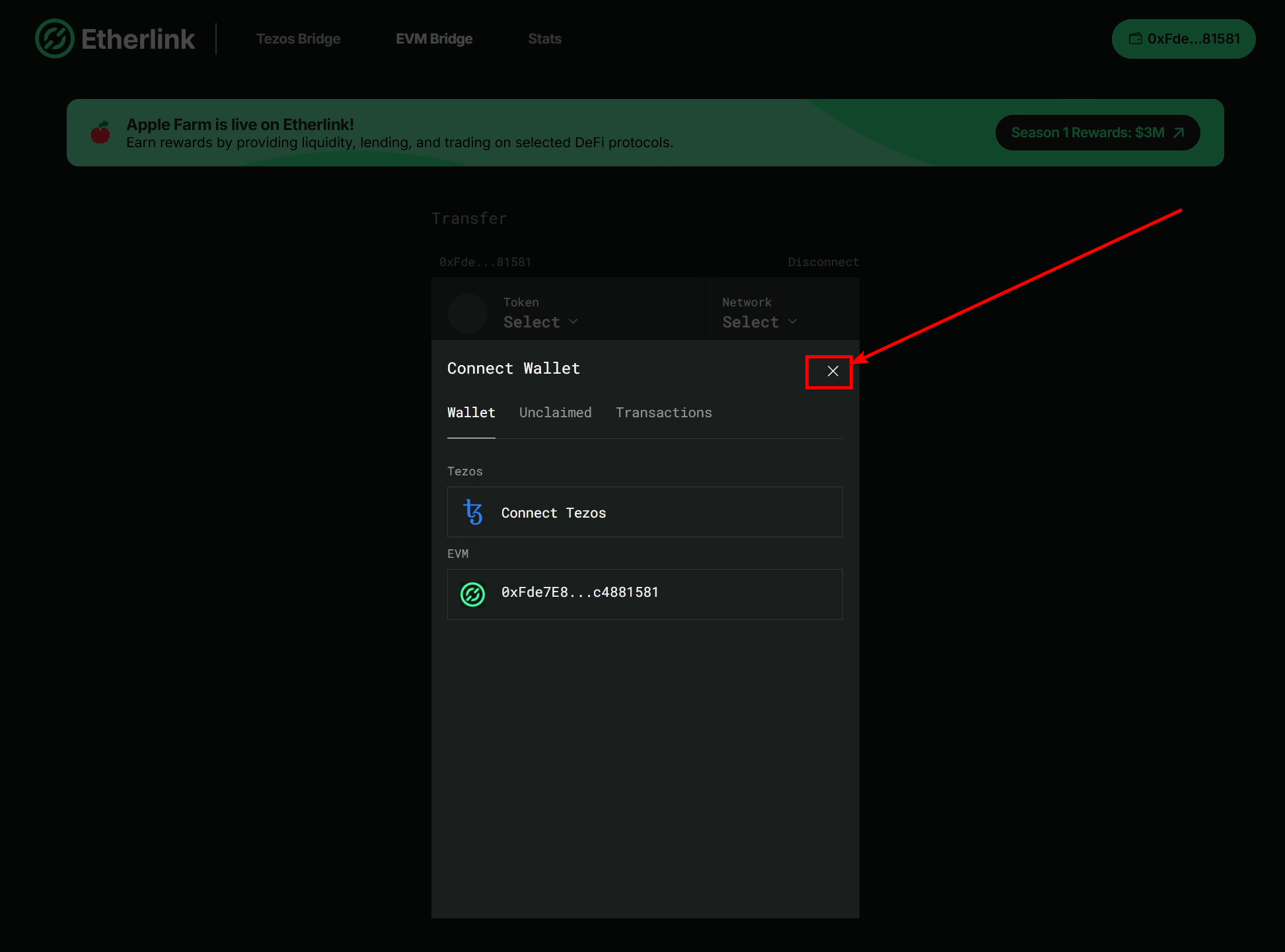 The Connect Wallet menu