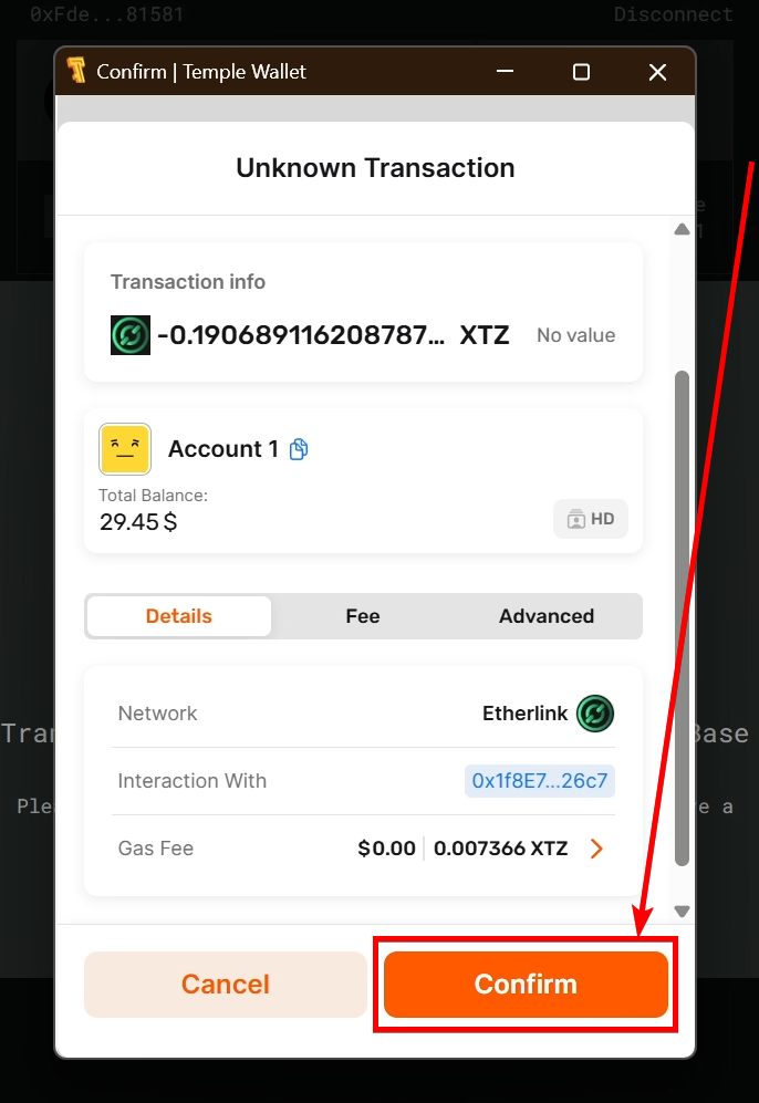 The confirmation of the transaction in the Temple Wallet