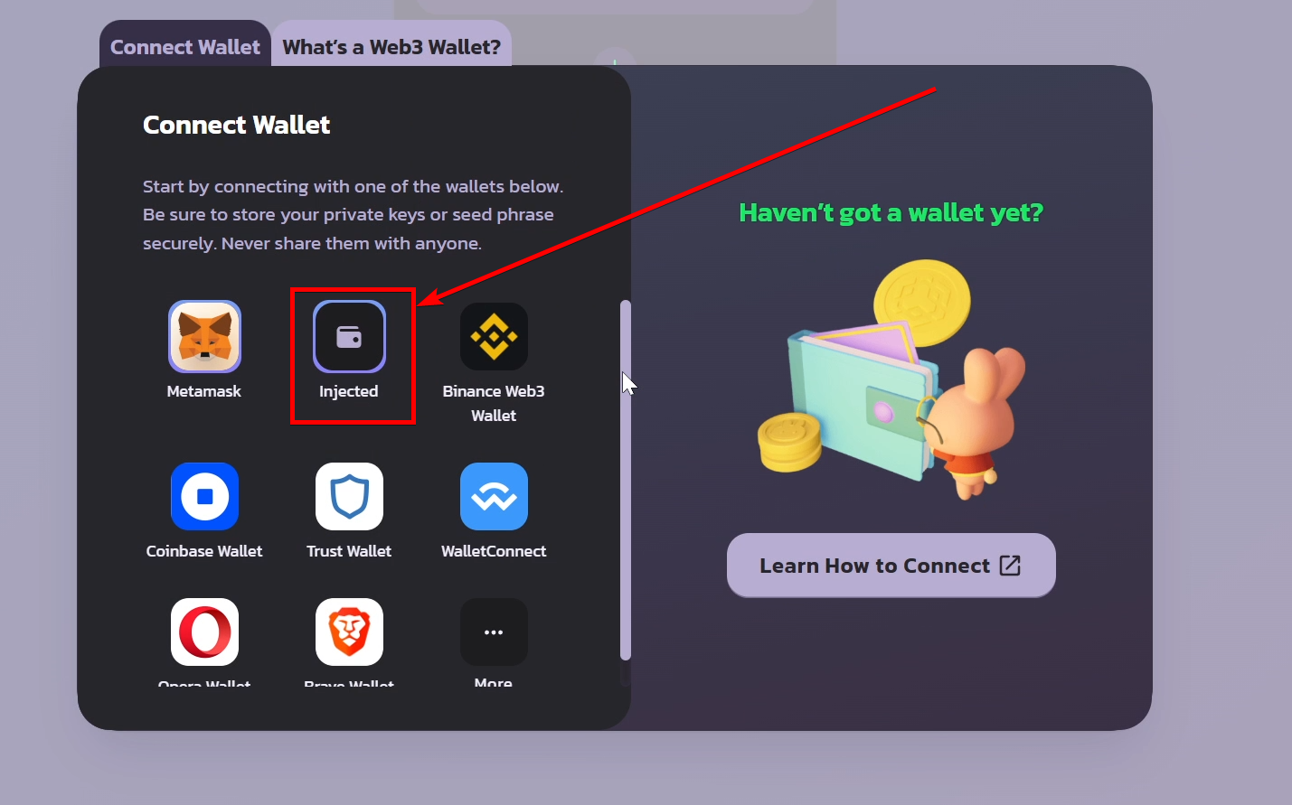 The Connect Wallet menu