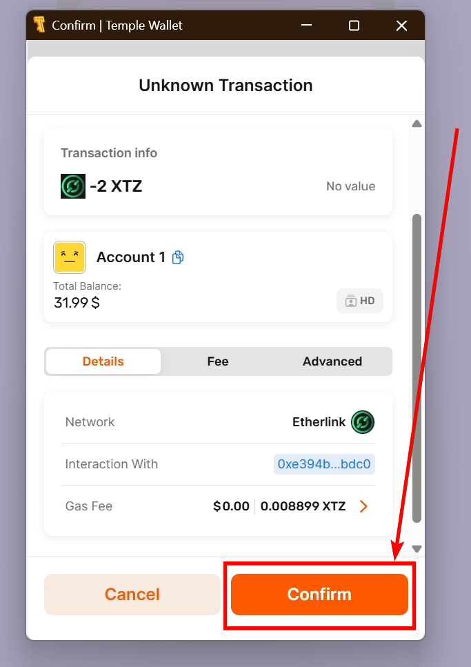 The confirmation of the transaction in the Temple Wallet