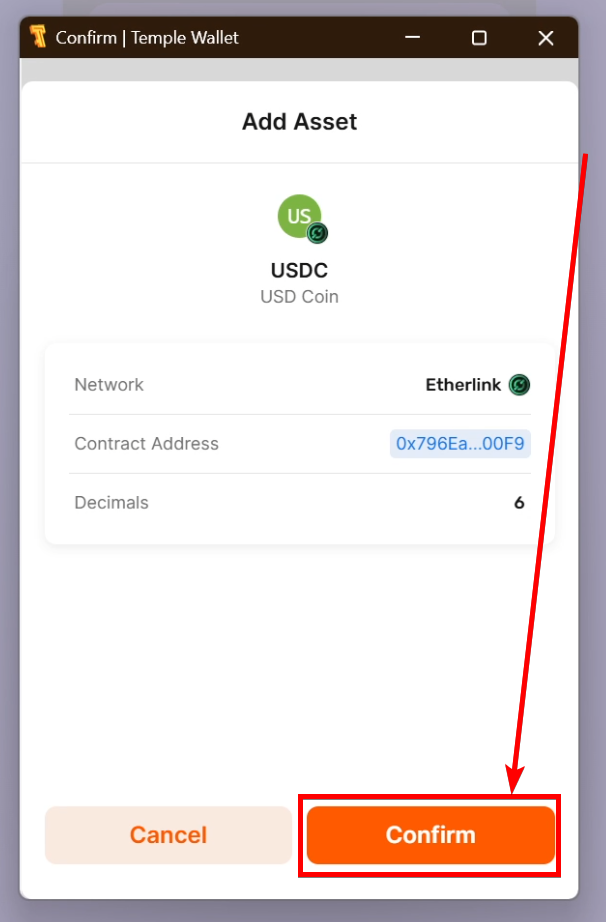 The confirmation of adding the Token to the Temple Wallet
