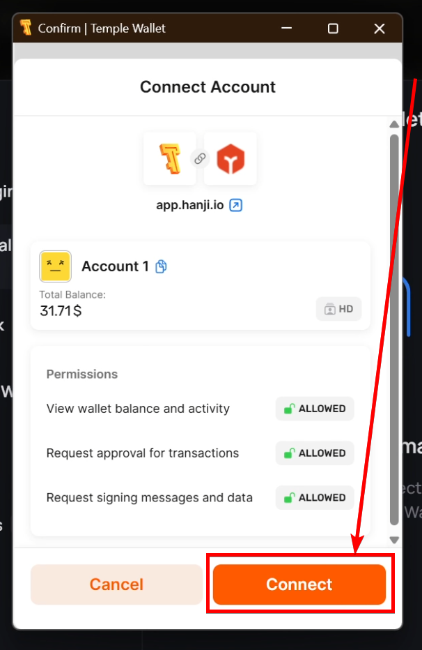 The Temple Wallet connect window