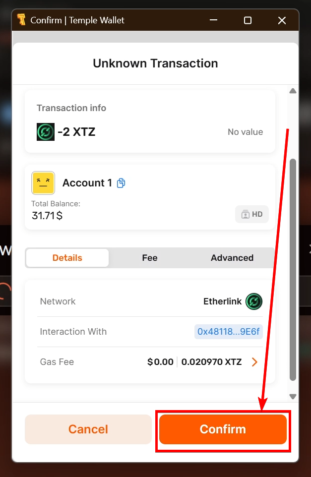 The confirmation of the transaction in the Temple Wallet