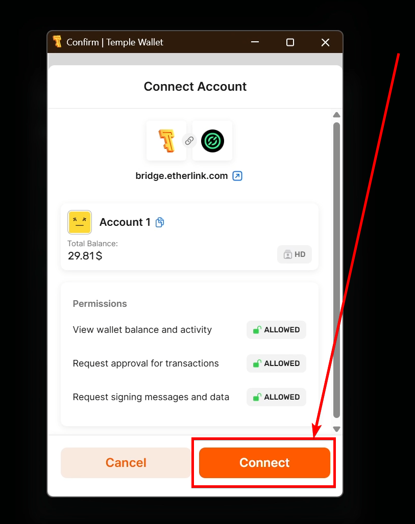 The Temple Wallet connect window