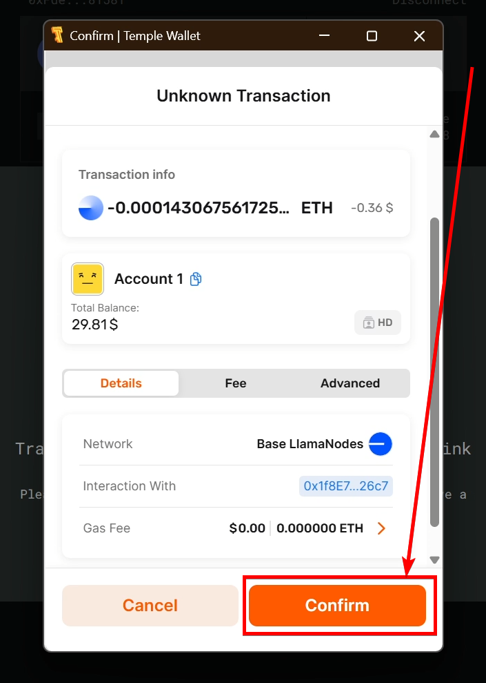The confirmation of the transaction in the Temple Wallet