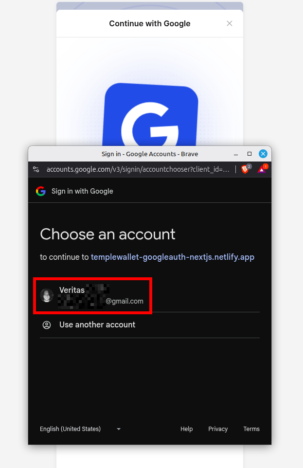 Google account authorization menu in Temple Wallet