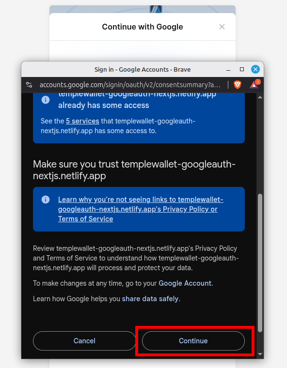 Additional Google authorization menu