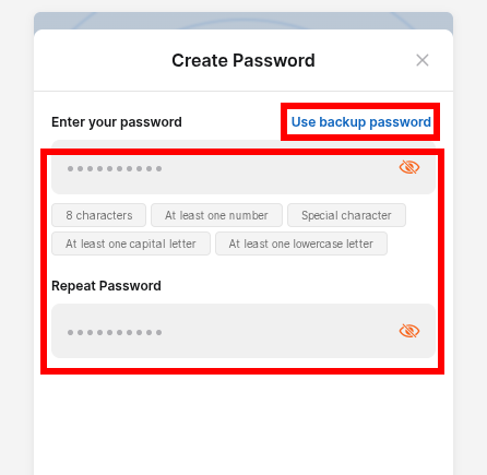 New password setup menu